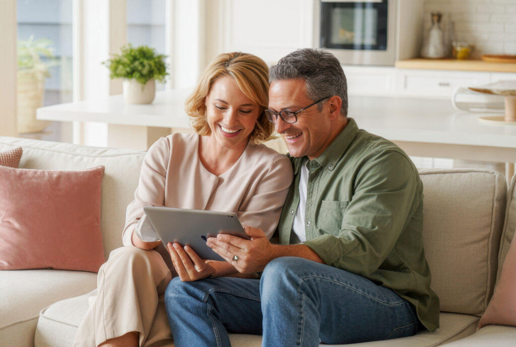 Couple on a sofa smiling while reviewing plans together on a tablet