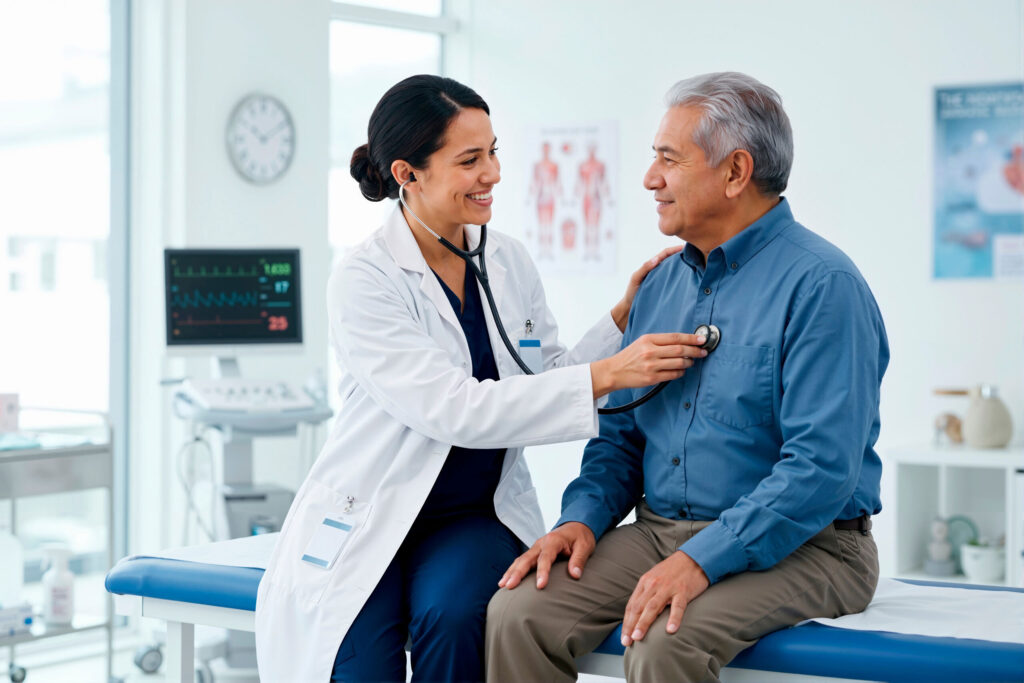 Doctor checking a smiling patient with a stethoscope